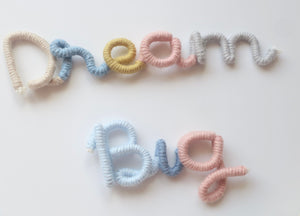 Dream big wire word sign, blue woodland personalised